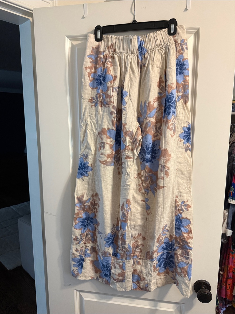 Free People Cream Wide-Leg Pants with Blue and Brown Floral Print